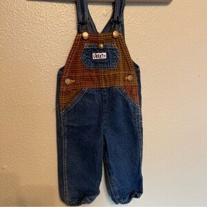 vintage LIBERTY Denim/Plaid OVERALLS Sz 18 Mo Brown Plaid Accents Made in USA